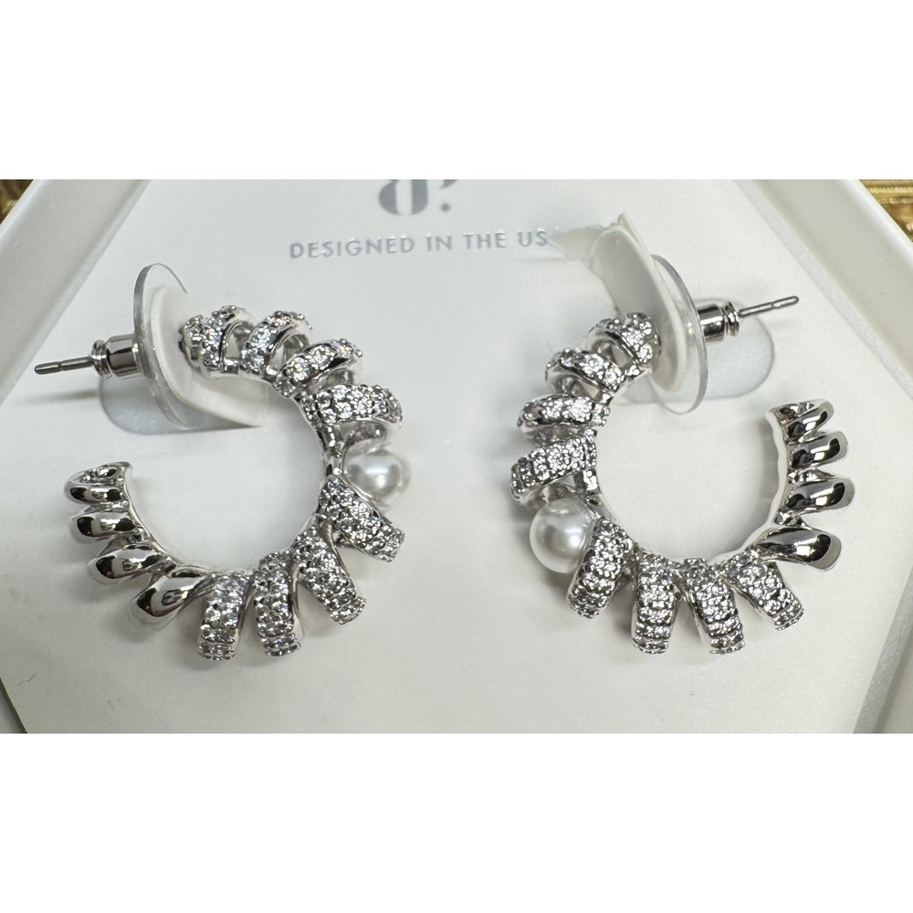 Bomb Party June Earrings ER54334 Swirling Magic Ceramic Pearl Rhodium Hoop